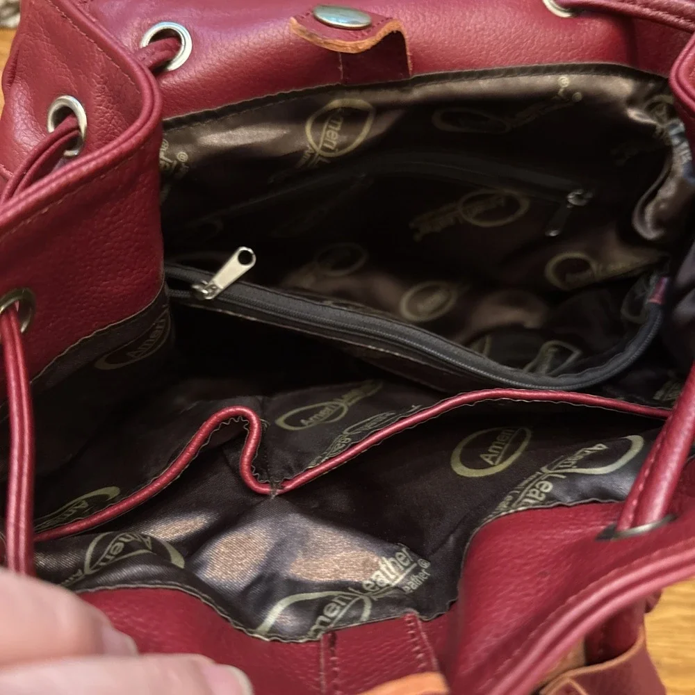 AmeriLeather Backpack Red Pebbled Soft Leather Drawstring Bag Purse‎ Clean Boho